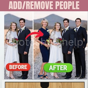 May include: A before and after image demonstrating the removal of a person from a group photograph. The before image shows four people, two women and two men. The after image shows three people, two women and one man. The text "Before" and "After" is displayed in red and green boxes, respectively.