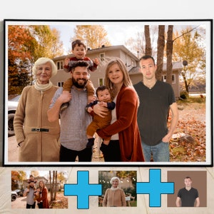 May include: A multi-generational family poses for a photo in front of a house with fall foliage. The family includes a grandmother, two parents, a teenage boy, a toddler, and a baby. The family is dressed in casual clothing and smiling.