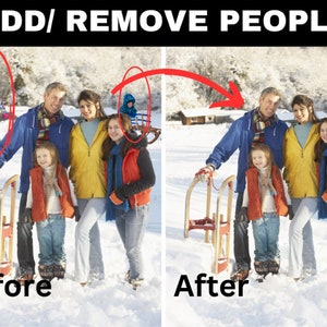 May include: A family of five poses for a photo in the snow. The family is standing in front of a wooden sled. The family is wearing winter clothing. The photo shows the family before and after a person is removed from the image.