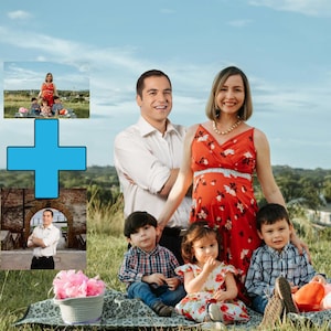 May include: A family of five poses for a photo. The parents are standing behind their three children. The parents are wearing casual clothing. The children are wearing a variety of clothing. The family is smiling and looking at the camera.