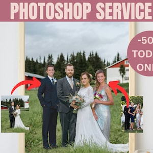 May include: A framed wedding photograph of a couple with their wedding party. The photo is set against a green grassy background with trees in the distance. The couple are standing in the centre of the photo, with the groom on the left and the bride on the right. The groom is wearing a dark suit and tie, while the bride is wearing a white wedding dress. The wedding party are standing behind the couple, with the bridesmaids on the right and the groomsmen on the left. The bridesmaids are wearing long, flowing dresses in various colours, while the groomsmen are wearing dark suits and ties. The photo is framed in a wooden frame. The text "PHOTOSHOP SERVICE -50% TODAY ONLY" is visible in the upper right corner of the image.