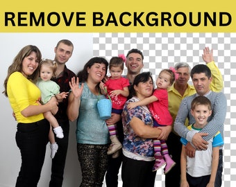 May include: A group of adults and children posing together. The adults wear various shirts including yellow, black, and patterned tops. The children wear colorful clothing, including a red shirt and striped leggings. One child holds a small blue basket.