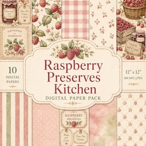 May include: A digital paper pack featuring 10 sheets with raspberry, gingham, and floral patterns in shades of pink, cream, and green. The collection includes labels with text like Raspberry Preserves, 12 inches by 12 inches, and 300 DPI JPEG.