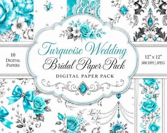 Paquete de papeles digitales para bodas en color turquesa