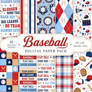 Peut inclure: Un ensemble de 10 papiers numériques avec des motifs sur le thème du baseball, incluant des textes comme "Slugger", "Home Team" et "Play Ball", ainsi que des motifs de balles, battes, gants, casquettes et losanges aux couleurs rouge, blanc et bleu.