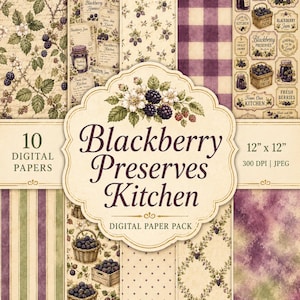 Digitalt papperspaket med Blackberry Preserves Kitchen, scrapbookingpapper för vintage bondgårdar