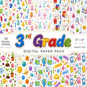Könnte beinhalten: Ein digitales Papierpaket mit zehn Mustern mit schulbezogenen Illustrationen wie Zahlen, Buchstaben, Büchern, wissenschaftlichen Geräten, Weltraumelementen, Karten und Schreibwaren, beschriftet mit 3rd Grade, 30 cm mal 30 cm.