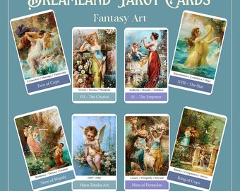 Può includere: Un set di 78 carte dei tarocchi con illustrazioni di arte fantasy. Le carte sono disposte in una griglia con i nomi delle carte e i loro significati elencati sotto ogni immagine. Le carte sono stampate su cartoncino di alta qualità e presentano colori vivaci e dettagli intricati.