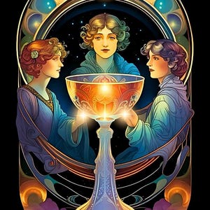May include: Art Nouveau style tarot card illustration featuring three women surrounding a glowing chalice. The card is titled "Three of Cups" at the bottom. The artwork uses a rich color palette of blues, golds, and purples against a black background.