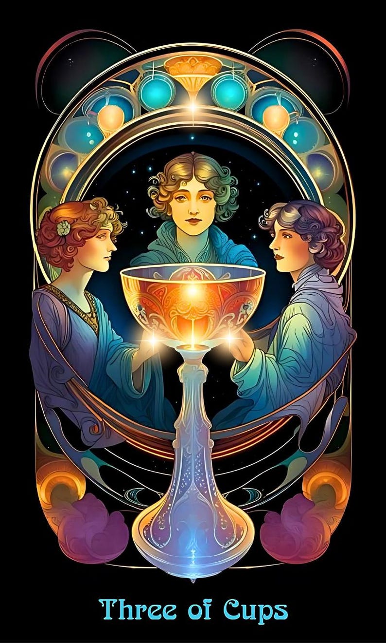 May include: Art Nouveau style tarot card illustration featuring three women surrounding a glowing chalice. The card is titled "Three of Cups" at the bottom. The artwork uses a rich color palette of blues, golds, and purples against a black background.