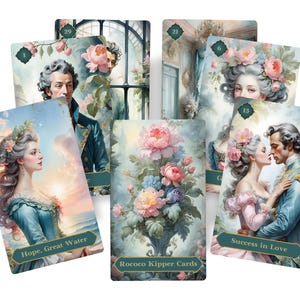 May include: A collection of Rococo Kipper Cards featuring illustrations of historical figures and floral arrangements. The cards have a soft color palette with pastel hues and include text such as "Hope, Great Water" and "Success in Love".