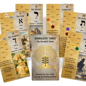 Può includere: Una collezione di carte dei tarocchi cabalistici rettangolari con il diagramma dell'Albero della Vita, sfondi dorati e illustrazioni tra cui Il Matto, L'Eremita, L'Imperatrice, Il Giudizio, Il Mondo e La Morte con testo descrittivo.