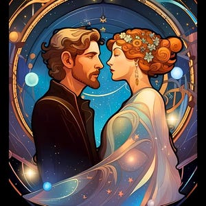 May include: Digital art of a tarot card titled "The Lovers." The image features a man and woman facing each other, set against a celestial background with stars and geometric shapes. The color palette includes blues, golds, and blacks.
