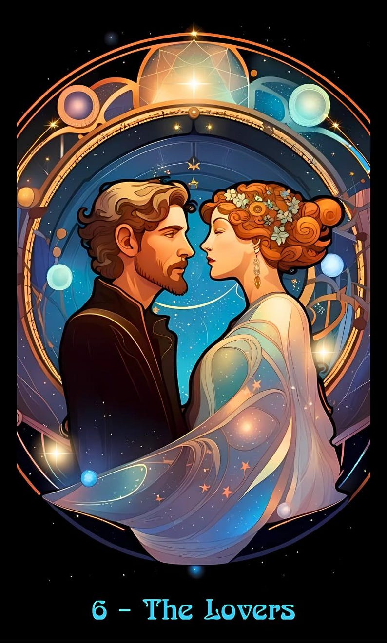 May include: Digital art of a tarot card titled "The Lovers." The image features a man and woman facing each other, set against a celestial background with stars and geometric shapes. The color palette includes blues, golds, and blacks.