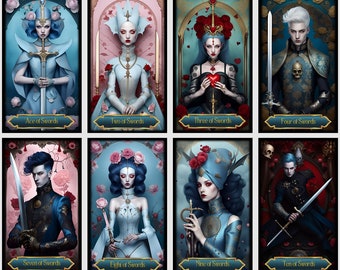Può includere: Una collezione di otto carte dei tarocchi con illustrazioni stilizzate. Ogni carta mostra una figura con una spada, in tonalità di blu, rosso e oro. Le carte sono etichettate con titoli come "Ace of Swords" e "Two of Swords".