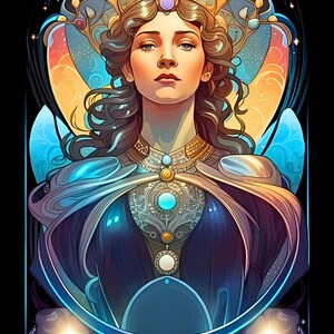 May include: A digital illustration of a tarot card, "The Empress." The image features a woman with a crown and ornate clothing, set against a backdrop of blues, golds, and a black background. The card number "3" and the title are at the bottom.