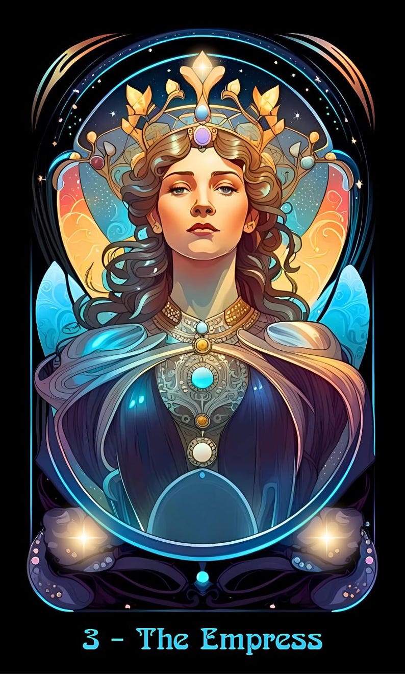 May include: A digital illustration of a tarot card, "The Empress." The image features a woman with a crown and ornate clothing, set against a backdrop of blues, golds, and a black background. The card number "3" and the title are at the bottom.