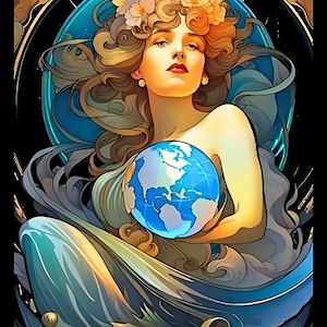 May include: Artistic illustration of a woman holding a blue globe, adorned with flowers in her hair. The image features a celestial design with a black background and the text "21 - The World" at the bottom. The artwork is reminiscent of tarot card imagery.