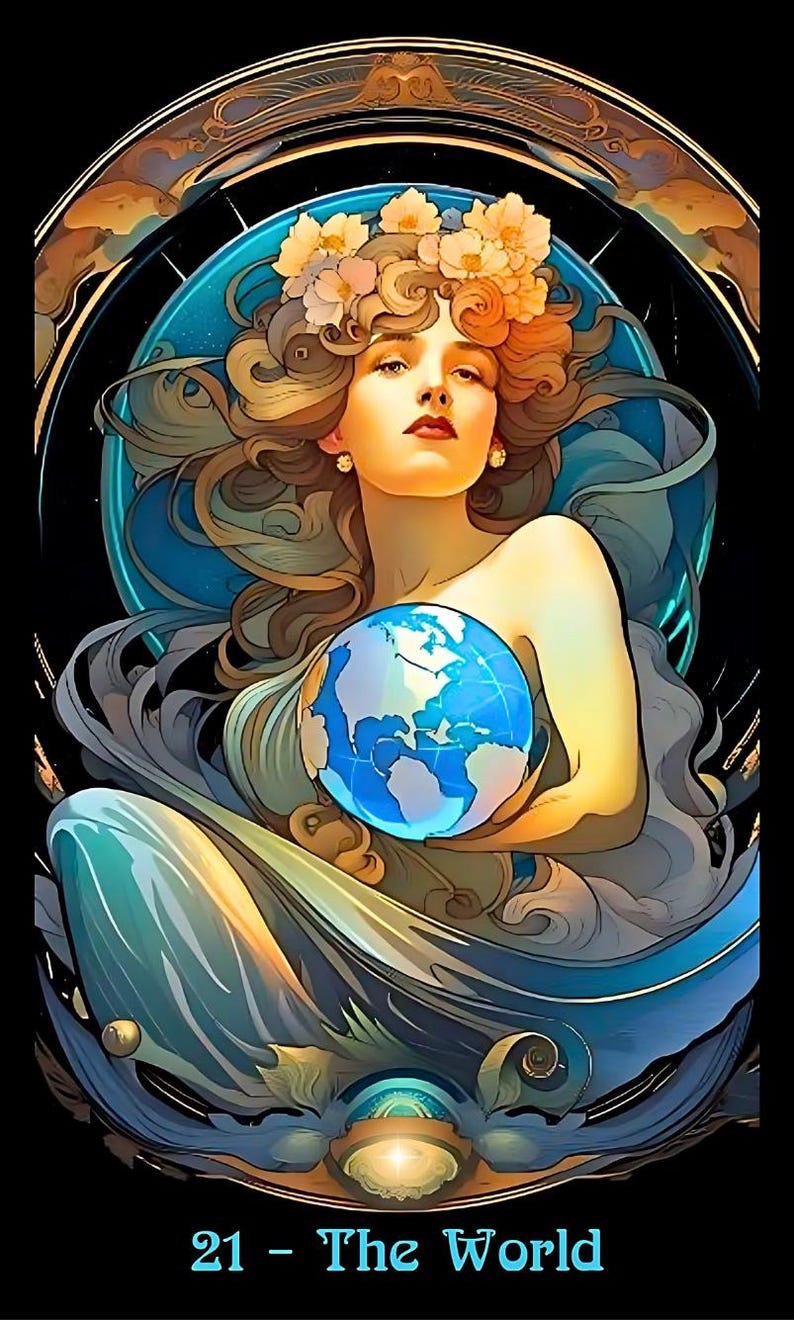 May include: Artistic illustration of a woman holding a blue globe, adorned with flowers in her hair. The image features a celestial design with a black background and the text "21 - The World" at the bottom. The artwork is reminiscent of tarot card imagery.