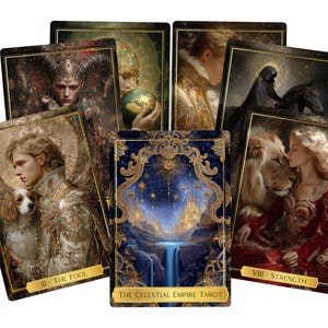 May include: A collection of rectangular tarot cards featuring intricate gold borders and detailed illustrations. The central card displays a blue landscape with a waterfall and castle, labeled The Celestial Empire Tarot, alongside cards titled 0 The Fool and VIII Strength.