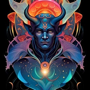 May include: Digital art of a blue-skinned figure with horns, a stern expression, and a glowing chest emblem. The figure is set against a backdrop of ornate, colorful designs and a black background. The text "15 - The Devil" is at the bottom.