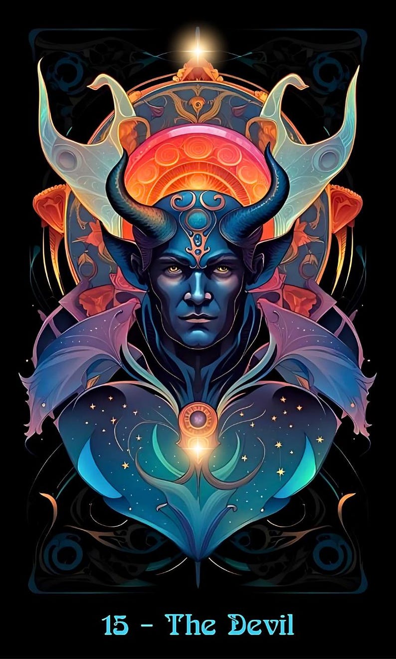 May include: Digital art of a blue-skinned figure with horns, a stern expression, and a glowing chest emblem. The figure is set against a backdrop of ornate, colorful designs and a black background. The text "15 - The Devil" is at the bottom.