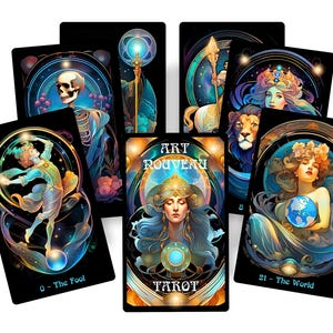 May include: A collection of Art Nouveau tarot cards featuring vibrant illustrations. The cards showcase figures like a skeleton, a woman with a globe, and a lion, with text including "The Fool" and "The World".