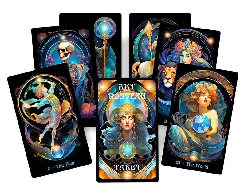 May include: A collection of Art Nouveau tarot cards featuring vibrant illustrations. The cards showcase figures like a skeleton, a woman with a globe, and a lion, with text including "The Fool" and "The World".
