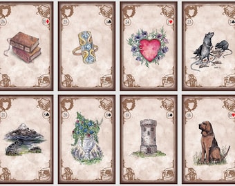 Puede incluir: Un juego de ocho cartas de juego vintage con ilustraciones de varios objetos, incluyendo libros, un anillo, un corazón, ratas, una montaña, flores, una torre y un perro. Las cartas están numeradas del 18 al 26 y tienen símbolos de palo en las esquinas.