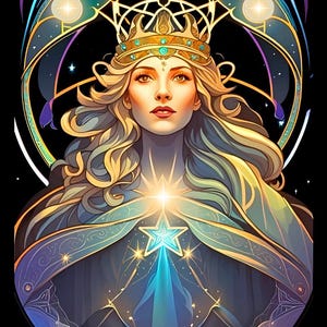 May include: Digital art of the Queen of Pentacles tarot card. A woman with blonde hair and a gold crown is centered, surrounded by celestial elements. The image has a dark background with blue, gold, and purple accents. Text at the bottom reads "Queen of Pentacles."