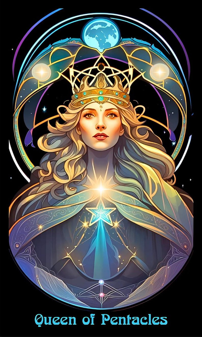 May include: Digital art of the Queen of Pentacles tarot card. A woman with blonde hair and a gold crown is centered, surrounded by celestial elements. The image has a dark background with blue, gold, and purple accents. Text at the bottom reads "Queen of Pentacles."