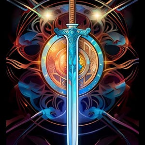 May include: Digital illustration of the Ace of Swords tarot card. A blue sword is centered, with a detailed hilt and blade, set against a backdrop of a shield and intricate, colorful designs. The words "Ace of Swords" are at the bottom.