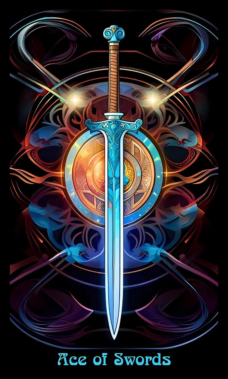 May include: Digital illustration of the Ace of Swords tarot card. A blue sword is centered, with a detailed hilt and blade, set against a backdrop of a shield and intricate, colorful designs. The words "Ace of Swords" are at the bottom.