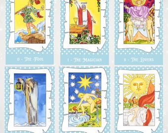 Baraja de tarot Rider-Waite azul. 78 cartas clásicas de tarot en rollo de letras.
