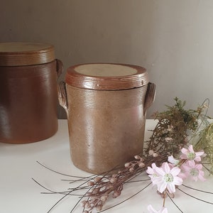 May include: Two brown ceramic crocks with lids. The crocks have a white glaze on the top rim. The crocks are sitting on a white surface with dried flowers.