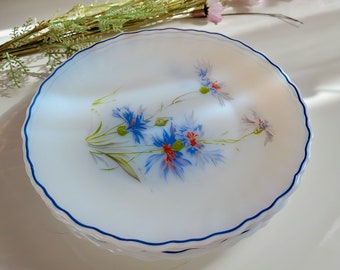 ARCOPAL 4 transparente Opalin-Dessertteller mit Blumenmuster – Vintage-Design, hergestellt in Frankreich. Französisches Vintage-Retro-Geschirr.