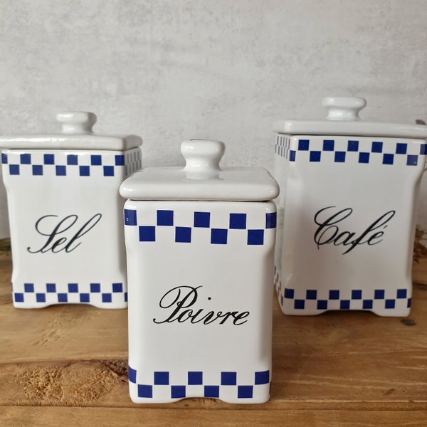 Série de 4 pots à épices français vintage en céramique motifs damier Lustucru