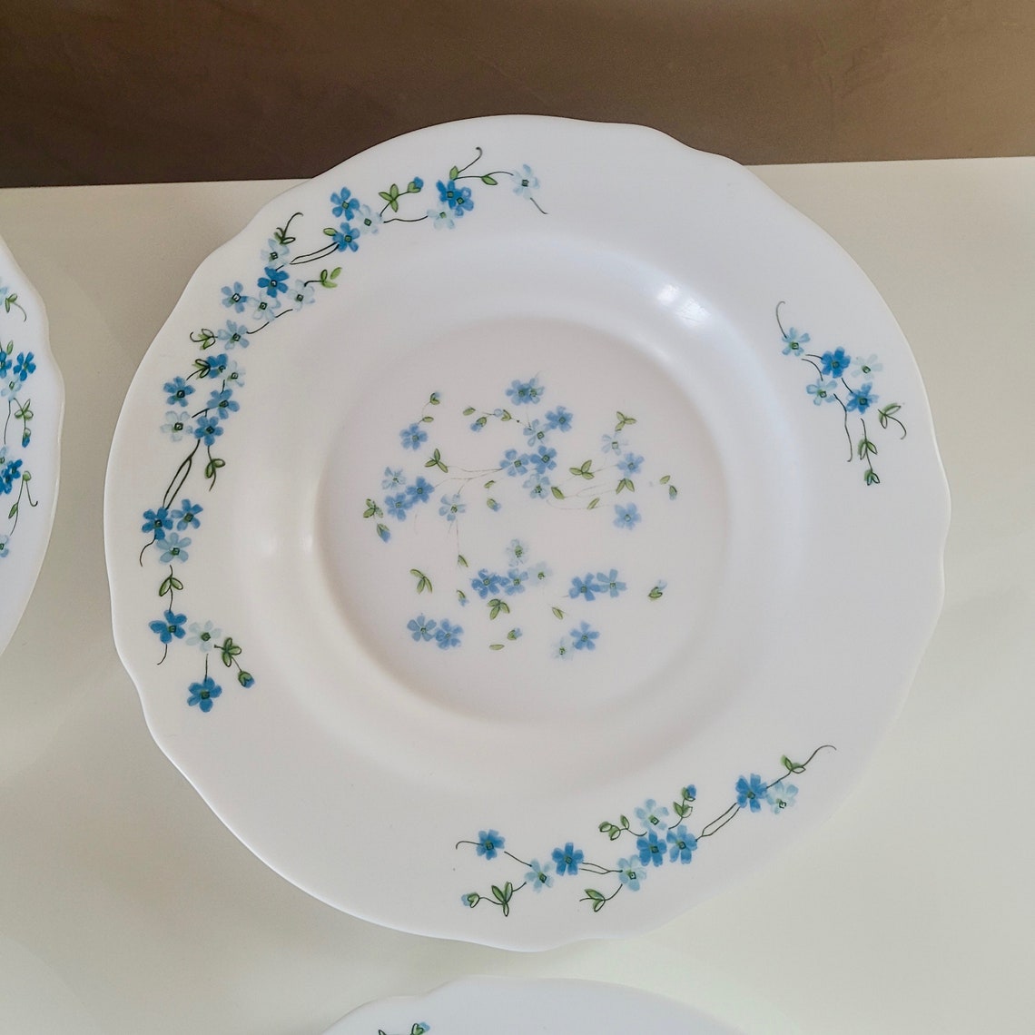 Assiette Plate Arcopal Veronica - Décor Myosotis (fleurs Bleues) Sur Fond Blanc - Occasion