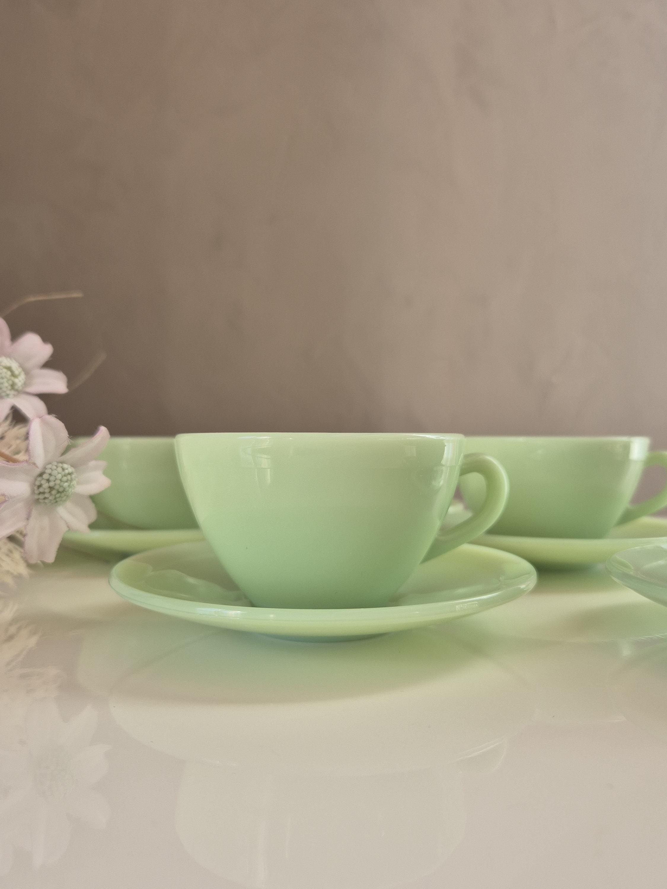 4 Tasses à Café Avec Soucoupes Duralex - Vert Transparent - Occasion En Bon état, Résistantes Au Quotidien