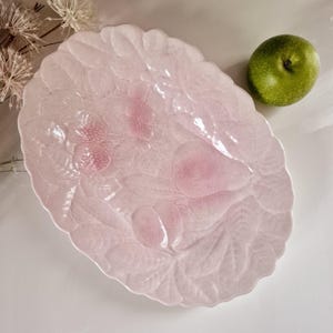 Pink dish, Salins fruits, in majolica, vintage antique barbotine France.
