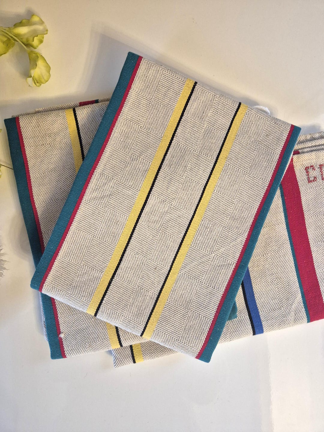 Set of 3 Basque Tea Towels With Vintage French Stripes, Linen and ...