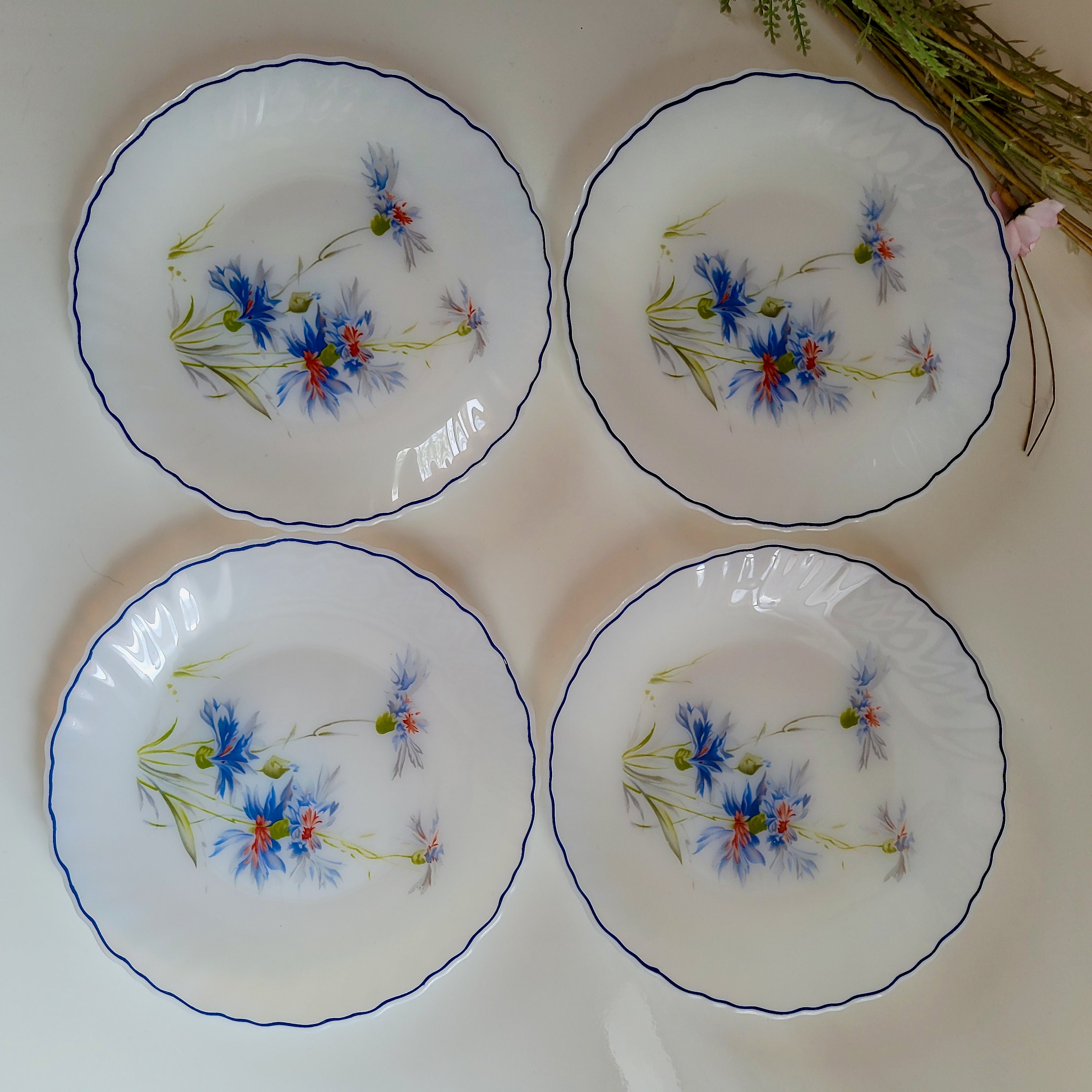 Vintage 6 assiettes plates/opaline Arcopal/verre blanc/motif fleur liseré bleu/vaisselle française/rétro années 70/table boho shabby - France