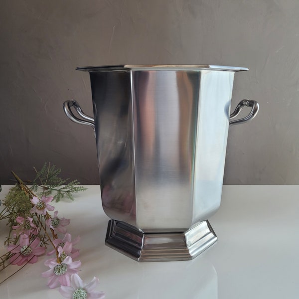 Jean Couzon goldsmith France champagne bucket in stainless steel, Louis XIII Navarre series, vintage French