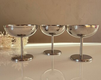3 Remy Letang Coupes, Stainless Steel Parisian Dessert Cups. Vintage French Bistro Cafes 1970s