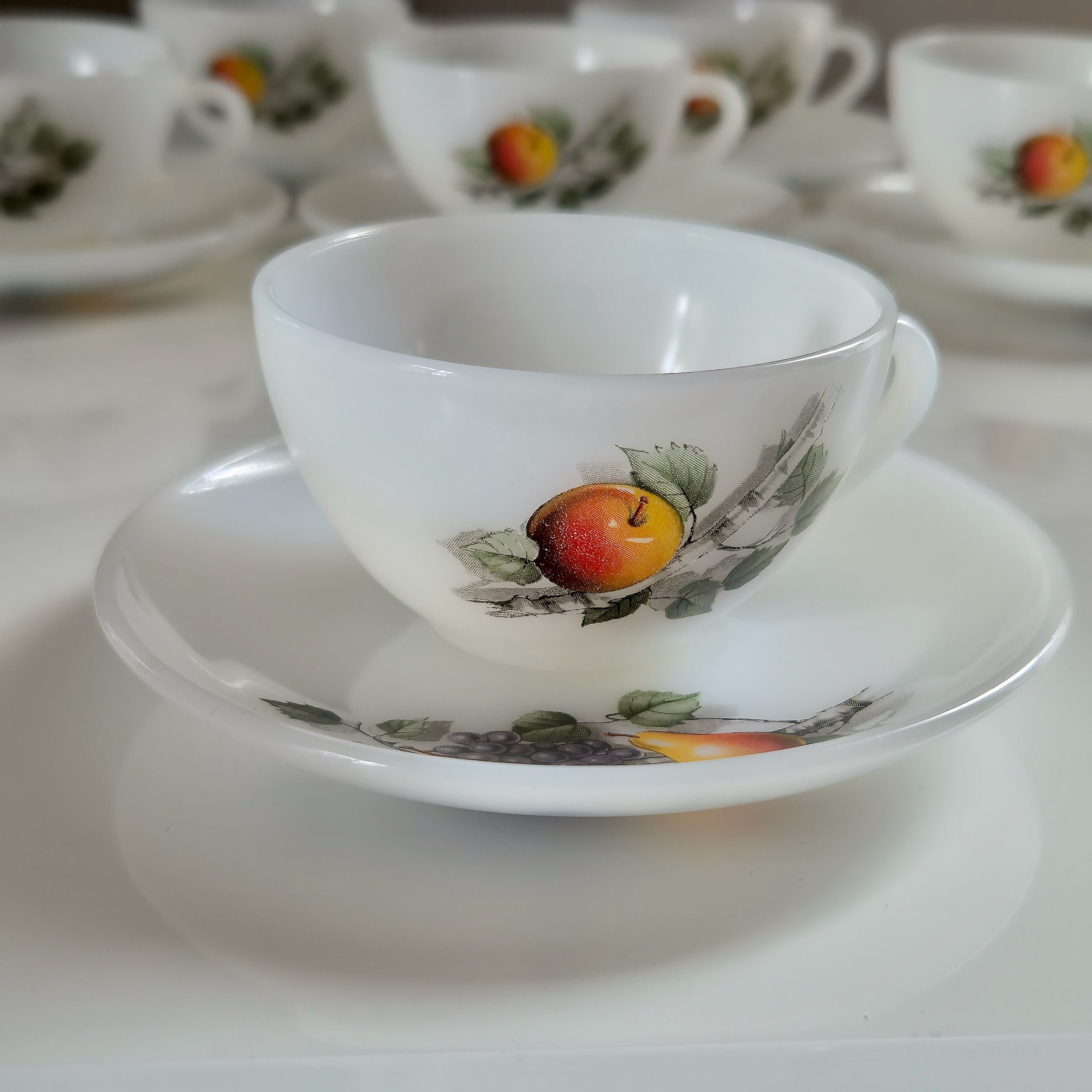 Lot De 6 Grandes Tasses à Café Arcopal Motif Tulipe - Vintage Avec Soucoupes