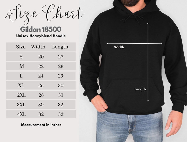 Unisex Full Zip Up Hoodie Gildan 18600 Size Chart.  Fits true to size for a classic fit.  Size up 2 for an oversized fit.  Available in sizes S, M, L, XL, 2XL, 3XL, 4XL, 5XL.