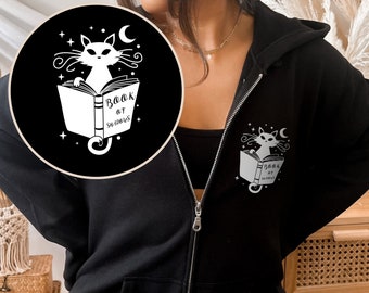 Witchy Cat with Book of Shadows Full Zip Up Hoodie, Bookish Cat Sweatshirt, Cute Cat Book Sweater, Librarian Gifts, Cat Lover Jacket, Reader