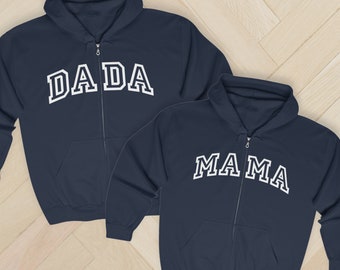 Sudaderas con cremallera completa a juego para mamá y papá, estilo universitario, ideales para anunciar el embarazo en familia. Regalo perfecto para los nuevos papás.