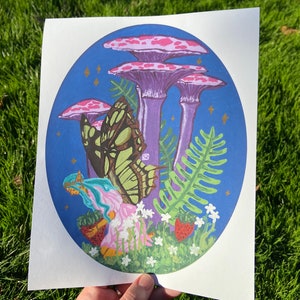 Bea the Strawberry Fairy Print / Fairy Art / Mushroom Art