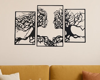 3D mural | Three-part silhouette of a man and a woman | Modern 3-part wall decoration | Couple | Wall art living room decoration | Sustainable wall decoration